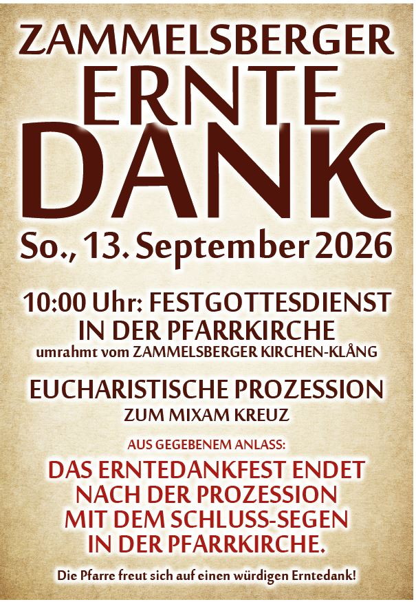 Zammelsberger Erntedank am 13. September 2026 in der Pfarrkirche mit Prozession