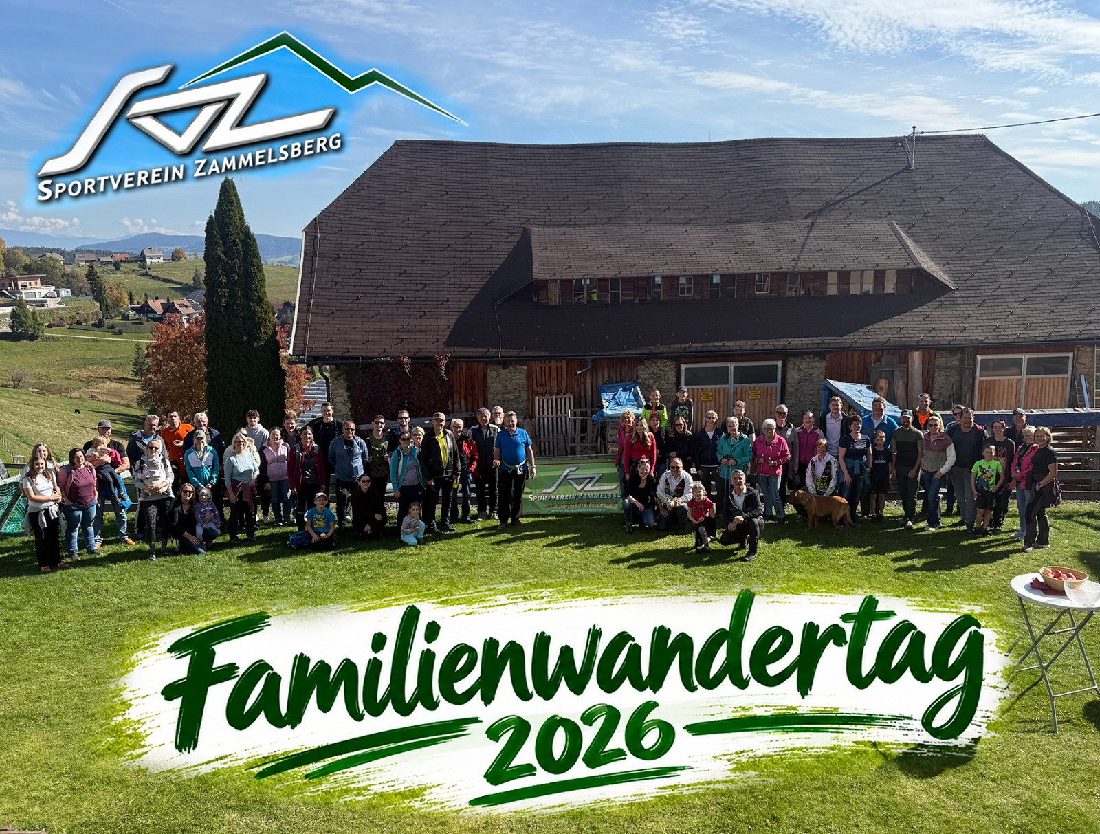 Sportverein Zammerberg Familienwandertag 2026 auf der grünen Wiese vor einem Gebäude.